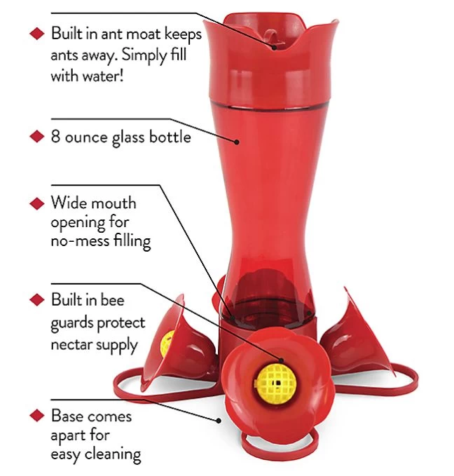 8-Ounce Red Glass Pinch-Waist Hummingbird Feeder - Image 3