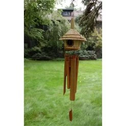 32-Inch Thatched Roof Birdhouse Bamboo Wind Chime