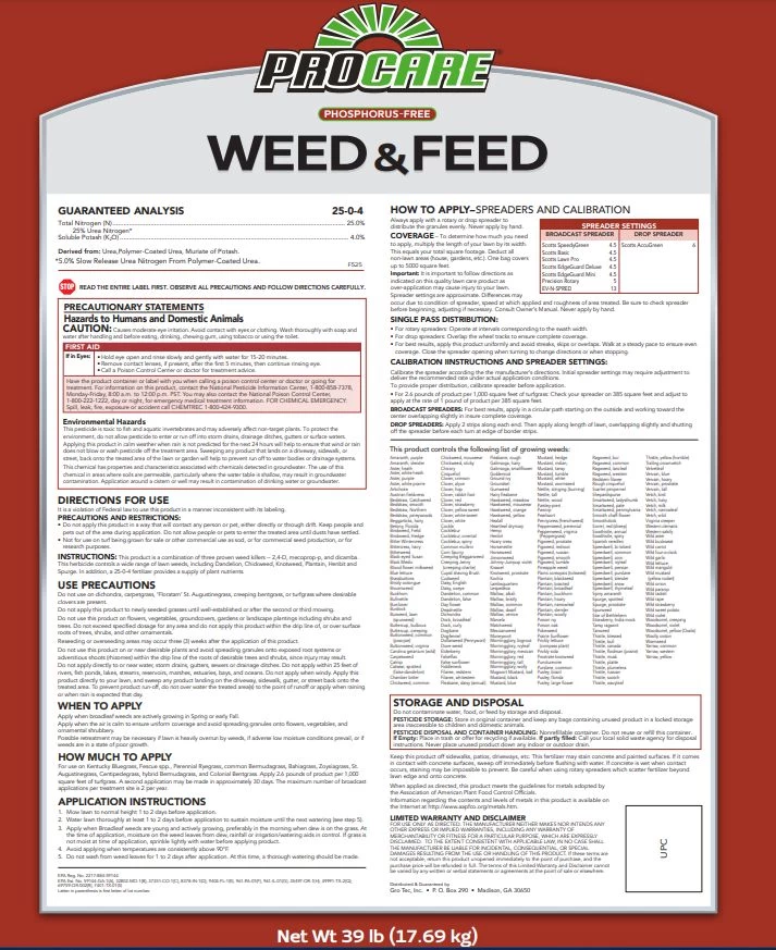 ProCare, 39-Pound, 25-0-4, Phosphorus-Free Weed And Feed